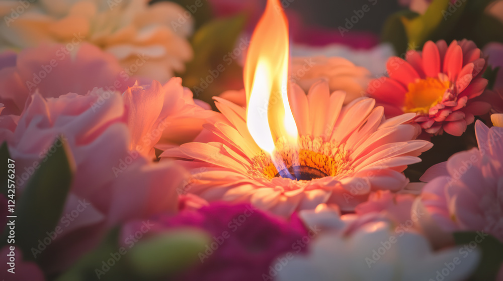 Poster vibrant flame dances atop delicate flower, surrounded by colorful array of blossoms, creating serene