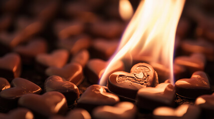 Close up of flame burning chocolate heart surrounded by more chocolate hearts, creating warm and romantic atmosphere