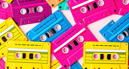 Retro cassette tape pattern background. 80s nostalgia with bright pink, blue, and yellow cassettes