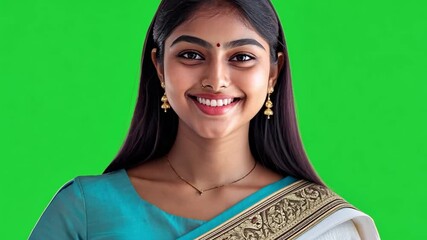 Smiling Woman in Teal Saree: A young woman with a radiant smile, wearing a beautiful teal and white saree, poses against a vibrant green background. Her expression is warm and inviting. - Powered by Adobe