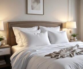 White pillows with feather-stuffed inserts and matching bed linens in a serene resort bedroom setting, peaceful, calming