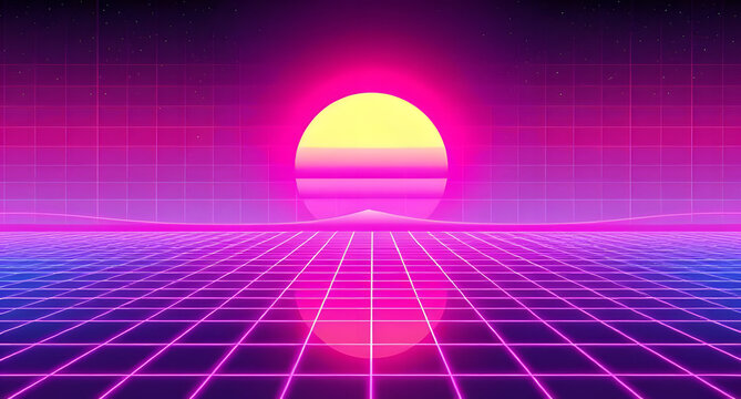 Retro vaporwave grid background. Neon pink and blue 80s aesthetic. Digital sun in the distance