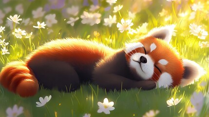 Red panda sleeping meadow flowers sunlight spring