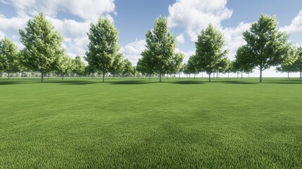Fototapeta premium Serene Green Meadow with Summer Trees and Blue Sky