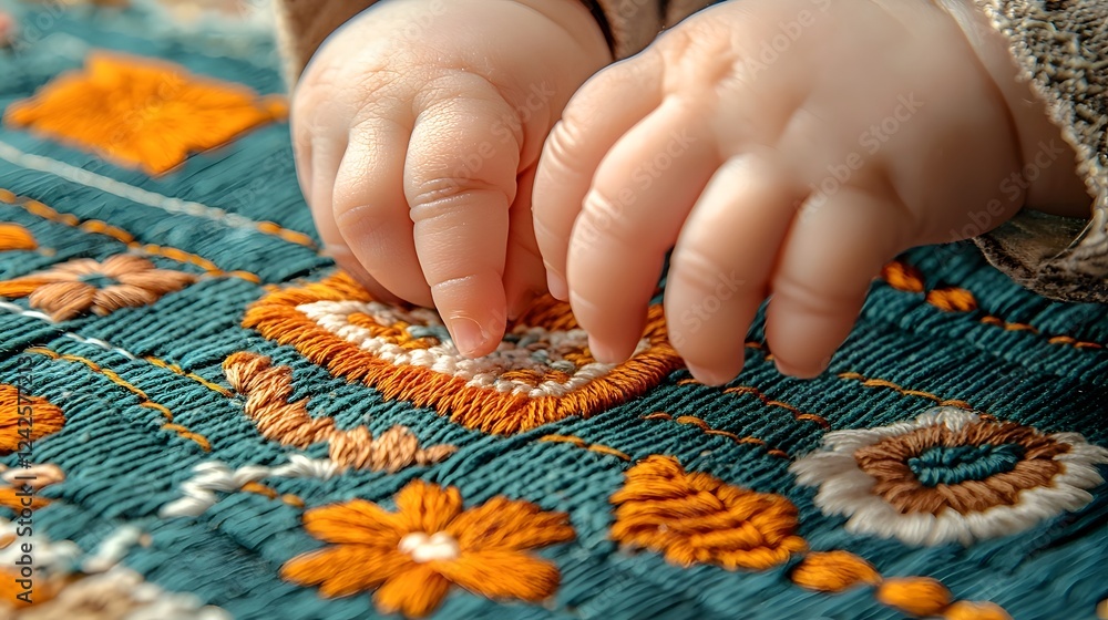 Aufkleber vibrant and intricate embroidered fabric texture with close up view of fingers gently touching the d