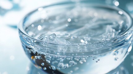 Transparent glass bowl is overflowing with clean water with bubbles on a blue background