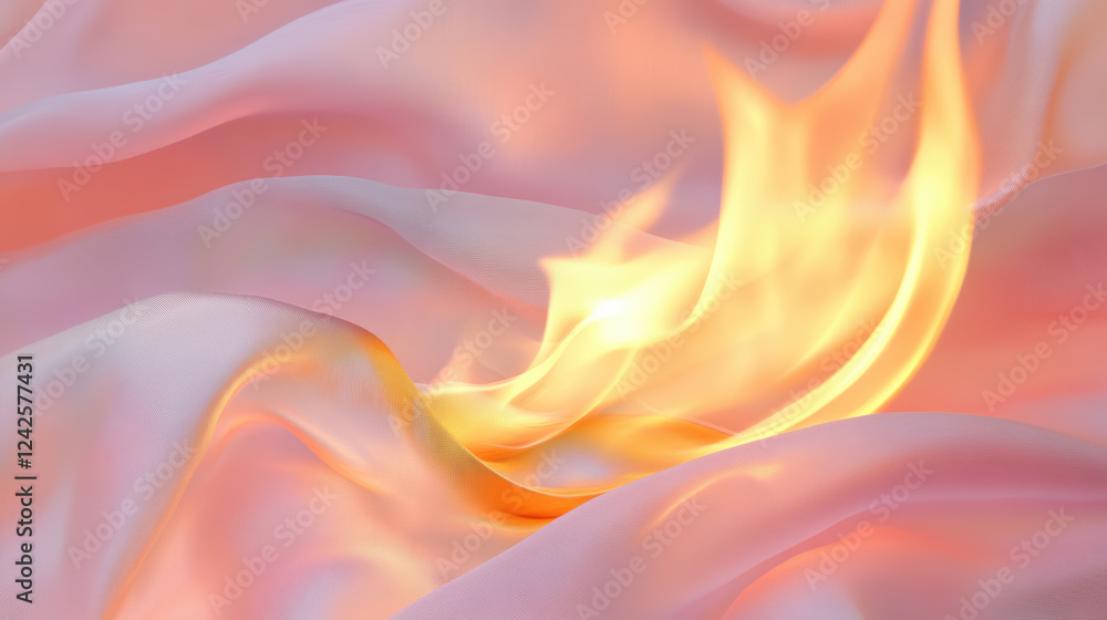 Poster close up of flame dancing on soft pink fabric, creating warm and inviting atmosphere. interplay of l
