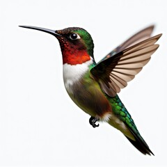 Fototapeta premium Vibrant Hummingbird MidFlight Against Pure White Background: Green, White, Red Contrasts