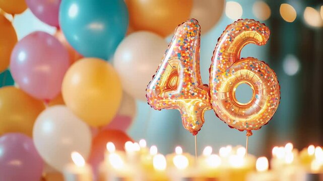 Colorful 46th Birthday Celebration with Glowing Candles and Festive Balloons Filled with Joy and Cheer