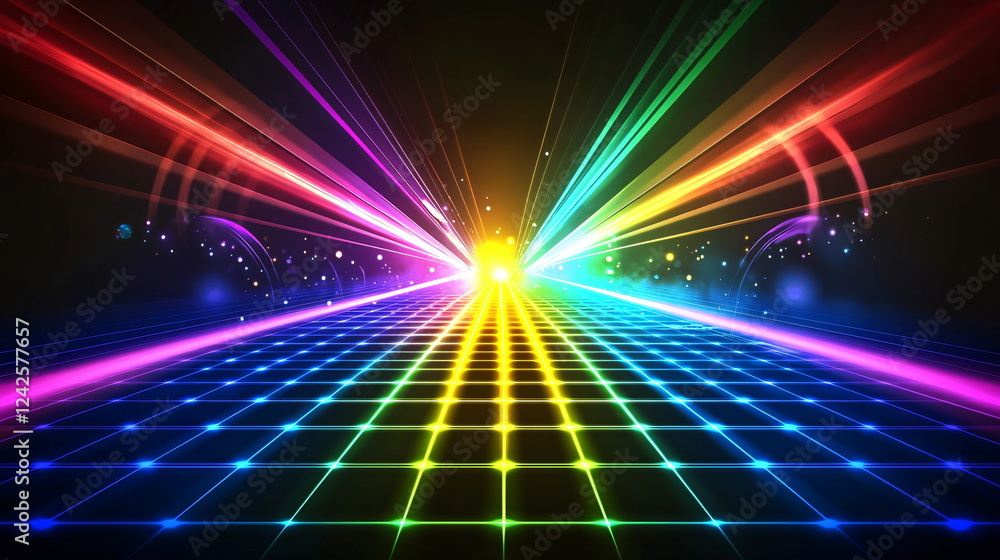 Aufkleber vibrant neon light beams radiating from a central point across a grid landscape, with colorful rays 