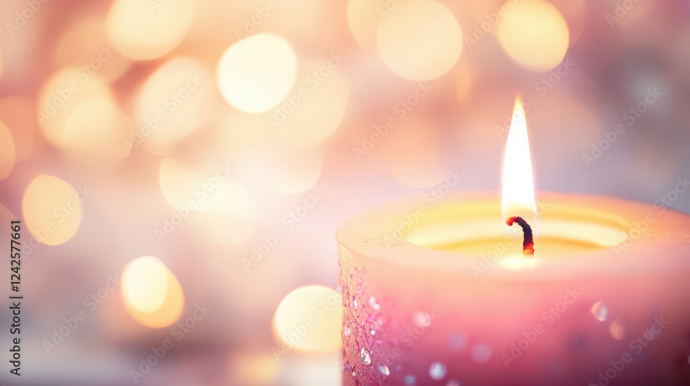 Aufkleber close up of lit candle with soft warm backdrop, creating serene and calming atmosphere. gentle glow 