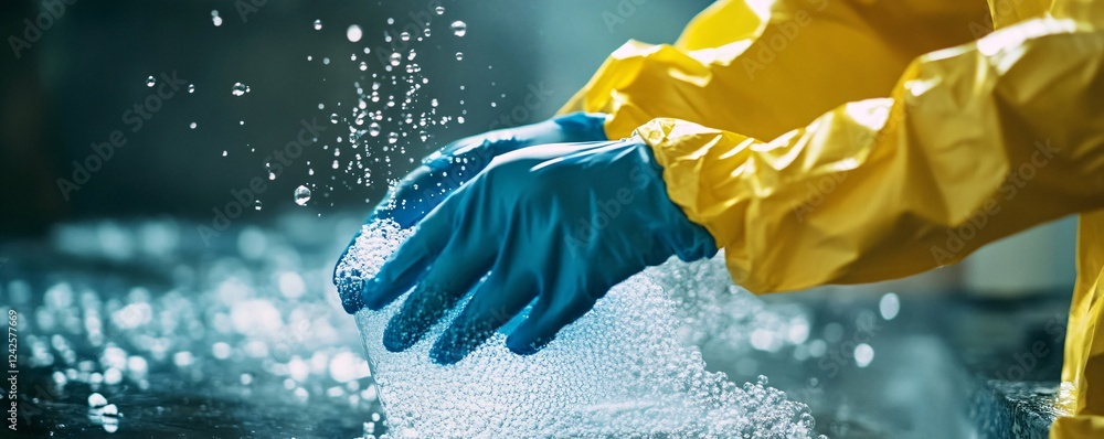 Poster scientist in lab wearing protective gear and examining a sample with bubbles