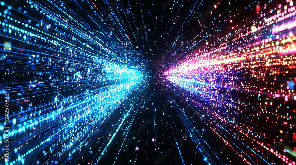 Aufkleber radiant light beams converging in a cosmic background filled with vibrant particles, creating an int