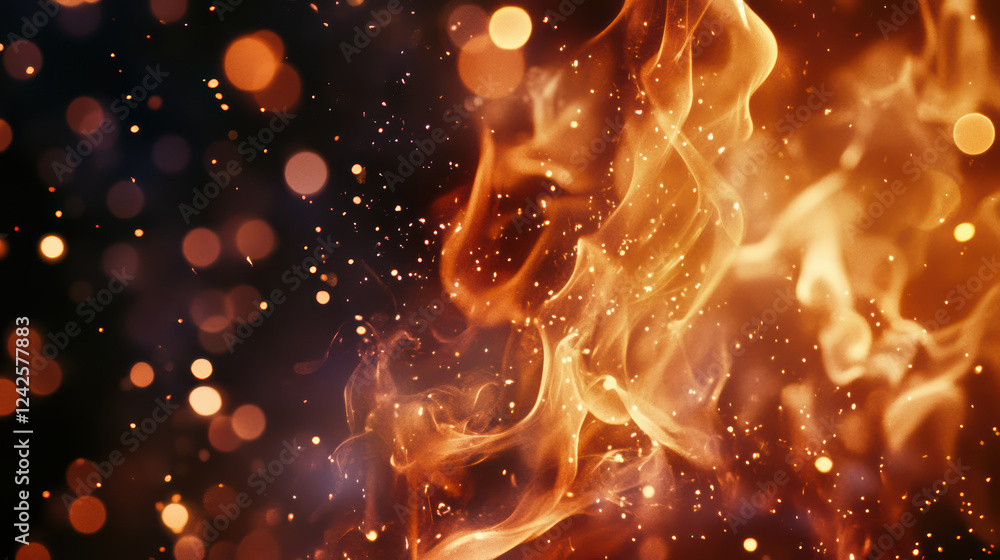 Poster close up of flame with twinkling lights in background, creating warm and captivating atmosphere. vib