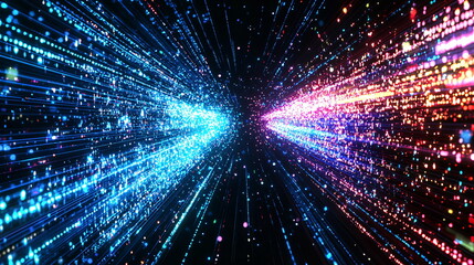 Obraz premium Radiant light beams converging in a cosmic background filled with vibrant particles, creating an intricate pattern of blue, pink, and purple sparks across the dark void.