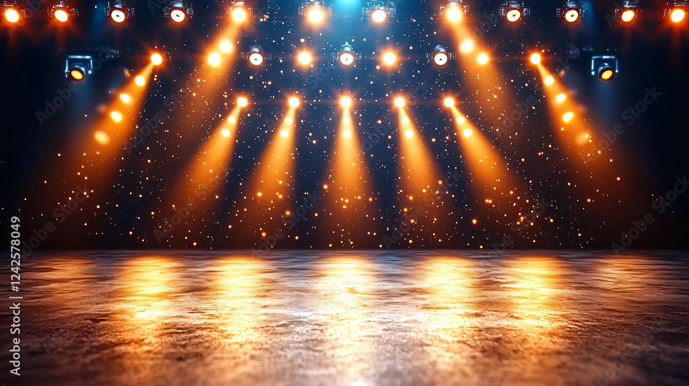 Poster bright stage lights illuminating a polished floor with sparkling effects, creating a vibrant atmosph