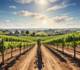 Fototapeta premium Whimsical watercolor artwork of a wine farm under a clear sky, organic farming, countryside beauty