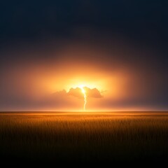 Lightning Strike Over Golden Wheat Field at Sunset