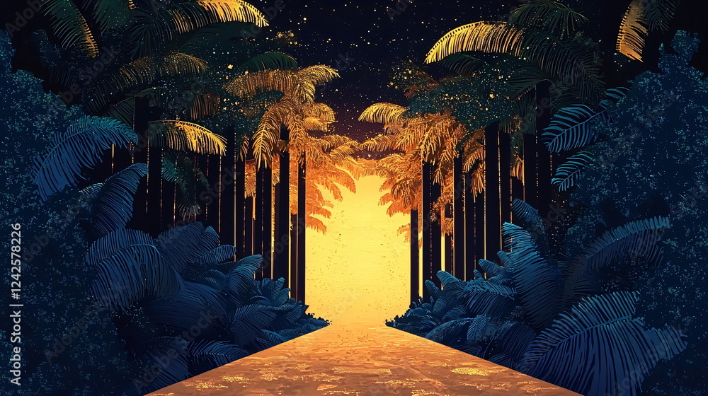 Poster sunset pathway through lush palm trees with vibrant colors and a serene atmosphere, surrounded by fo