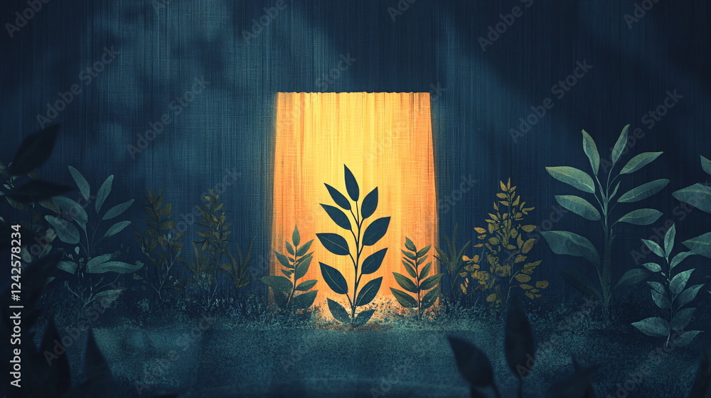 Poster warm light illuminating leaves and plants against a dark backdrop, creating a serene and tranquil at