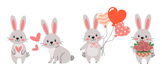Adorable and Cute Bunny Characters with Lovely Hearts and Colorful Balloons for Celebrations