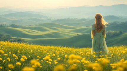Fototapeta premium Woman in field overlooking sunrise valley
