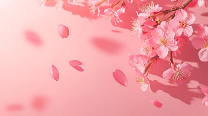 Fototapeta premium Pink blossoms, spring, falling petals, pink background, greeting card