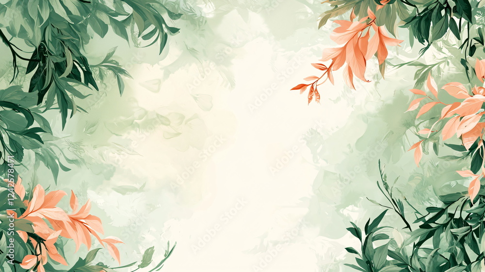 Aufkleber floral background with soft green hues and delicate peach flowers arranged around the edges creating