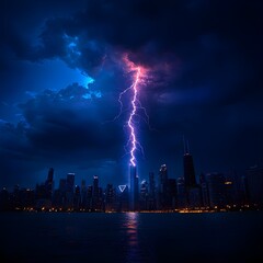 Obraz premium Lightning Strikes City Skyline at Night