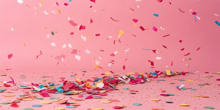 Whimsical confetti in various shapes and sizes falling onto a bright pink background, with some pieces sticking to the surface, confetti, paper