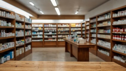 Obraz premium A natural wooden table with ample copy space in the foreground, surrounded by the warm