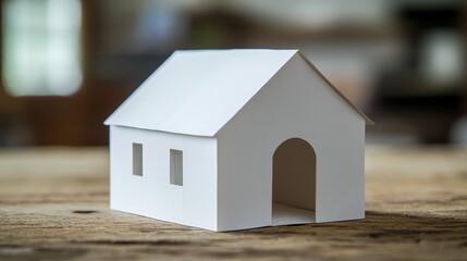 Miniature white paper house mortgage on a wooden table