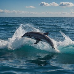 Naklejka premium Pod of Dolphins Jumping in Unison. dolphin jumping in the water. 