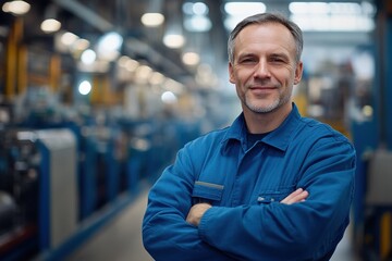 Experienced Engineer Standing with Confidence in a Factory. Generative AI.