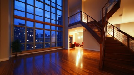 Obraz premium Spacious two-floor apartment at night with big windows wooden stairs and hardwood floors