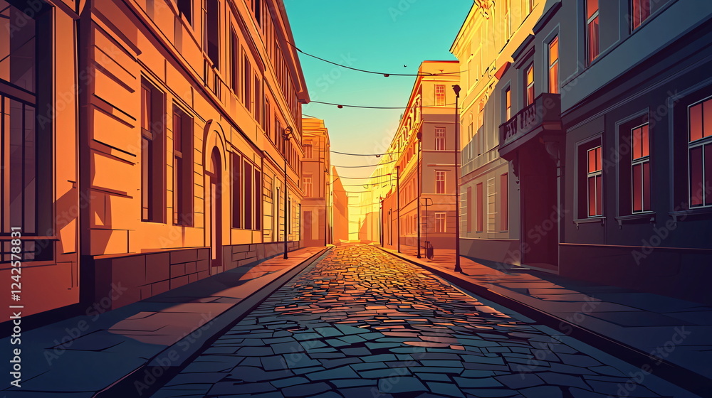 Poster sunset glow illuminating cobblestone street between lined buildings with warm light reflecting off w