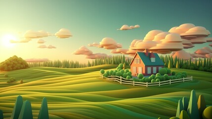 3D isometric evening landscape with a beautiful sunset over a green meadow and a house in the background