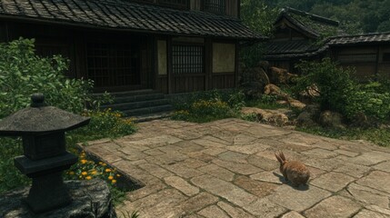 Serene Japanese Garden with Stone Path and Rabbit