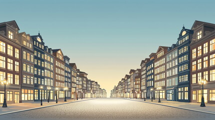 Spacious street lined with elegant buildings at dusk, featuring warm lights glowing from the windows, creating a calming atmosphere in a picturesque urban setting.