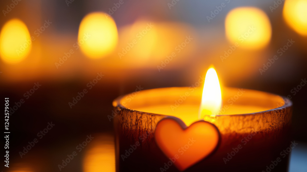Poster close up of candle flame with heart shaped glow in background, creating warm and romantic atmosphere