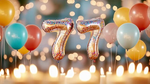 A Festive Celebration with Colorful Balloons and Glittering Number 77 Balloons Surrounded by Candles and Soft Bokeh Background