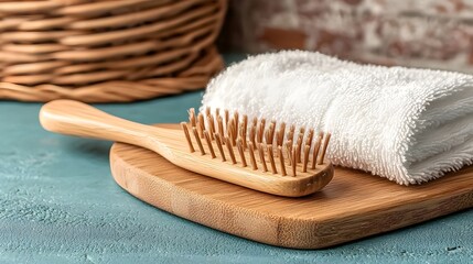 Close up of a soft luxurious baby towel and a handcrafted wooden hairbrush in a cozy serene bathroom setting evoking a sense of relaxation self care and natural wellness
