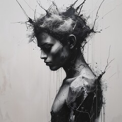 Surreal Beauty in Contrast A Mesmerizing Fusion of Nature and Humanity Portrait Art , human body abstract art Black and white portrait , abstract wall art image wallpaper photo