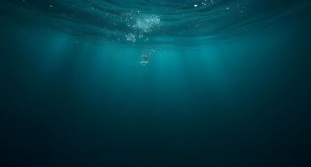 Obraz premium Underwater deep ocean background. Dark teal and deep blue hues. Floating bubbles, light refraction, gentle waves.