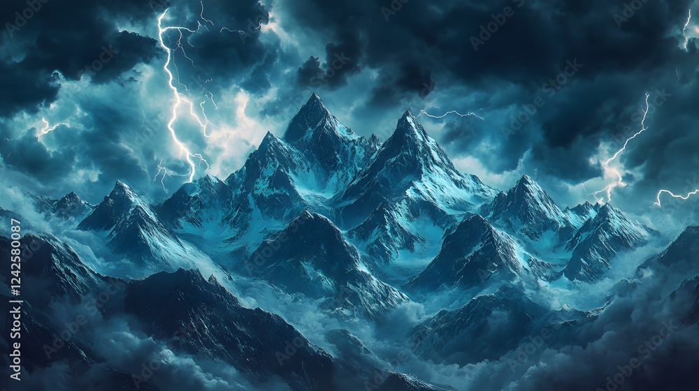 Poster abstract ocean waves, deep blue hues mixed with white foam, dynamic water patterns creating a serene