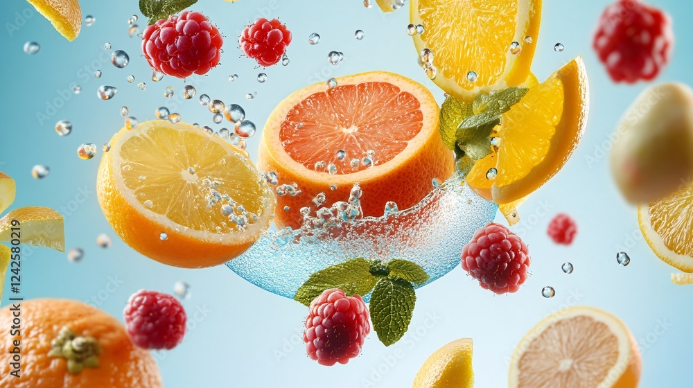 Poster Sliced citrus fruit and raspberries splashing into water on a vivid blue backdrop, creating a refreshing display