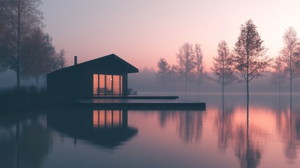 Fototapeta premium Serene Lakeside Cabin at Sunset, Misty Reflections