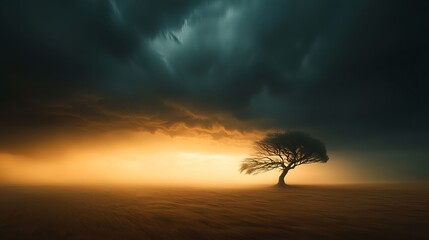 Fototapeta premium Lone Tree in Misty Field at Sunrise Under Dramatic Storm