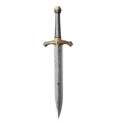 This image showcases a beautifully designed sword with intricate engravings on the blade and an ornate hilt featuring decorative gemstones. The sword's craftsmanship highlights a fusion of elegance an