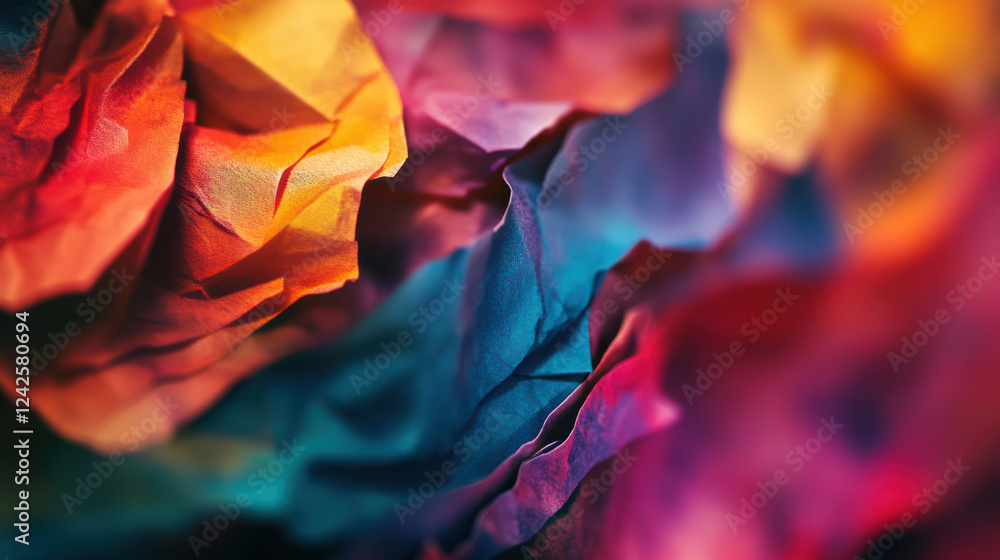 Poster close up of vibrant, crumpled paper showcasing blend of colors and textures, creating abstract and a